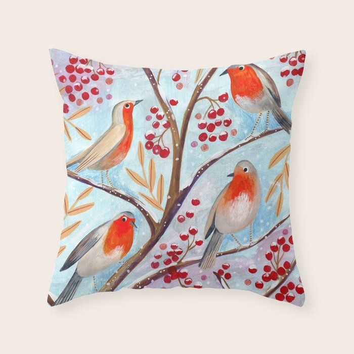 Cute red Robin birds and berries blue winter Throw Pillow Gallery Image 6
