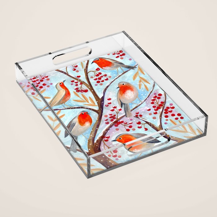 Cute red Robin birds and berries blue winter Acrylic Tray Gallery Image 1