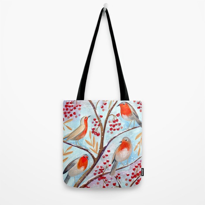 Cute red Robin birds and berries blue winter Tote Bag Gallery Image 2