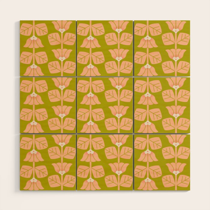 Retro Peach Blossoms Pattern - Green Wood Wall Art Gallery Image 1