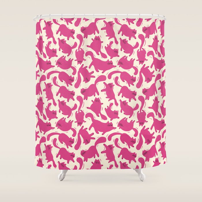 Playful Pink Cats Pattern Shower Curtain Gallery Image 1