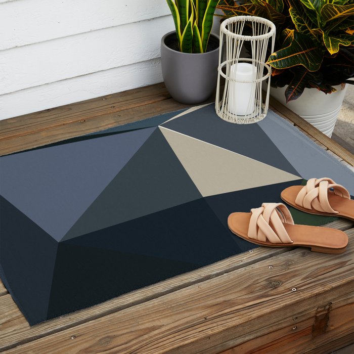 Blue Beige Low Poly Geometric Triangles Mathematical Art Outdoor Rug Gallery Image 2