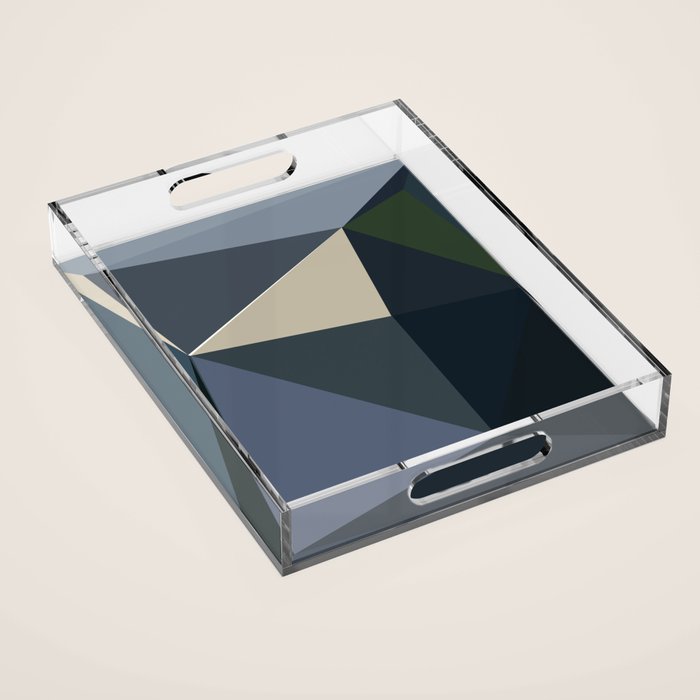 Blue Beige Low Poly Geometric Triangles Mathematical Art Acrylic Tray Gallery Image 1