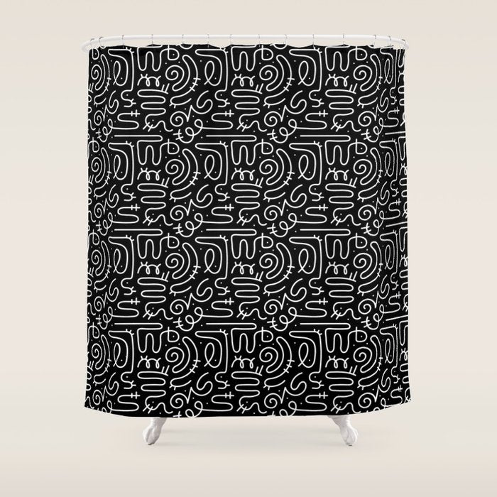 Abstract black and white line doodle pattern Shower Curtain Gallery Image 1