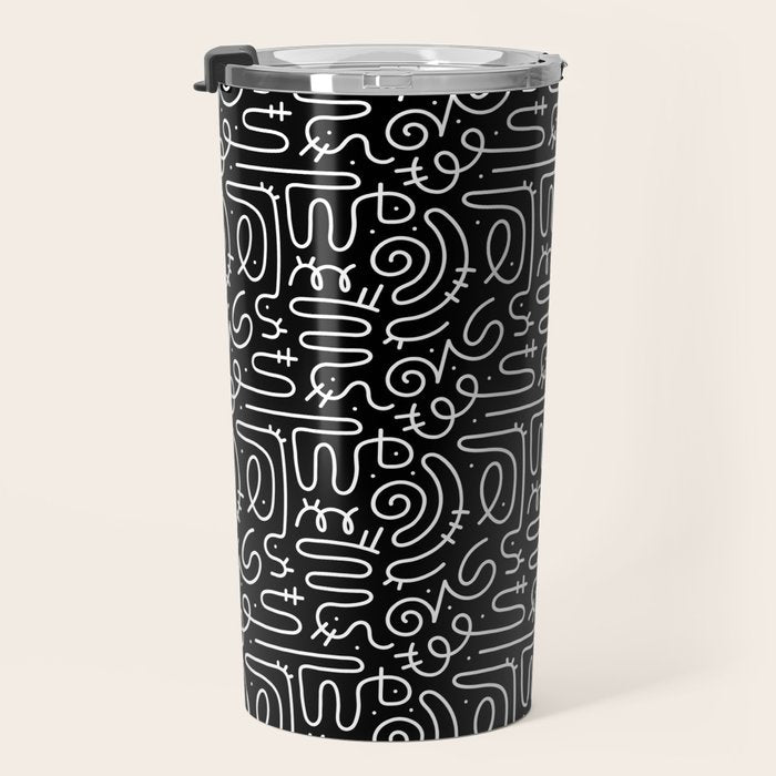 Abstract black and white line doodle pattern Travel Mug Gallery Image 3