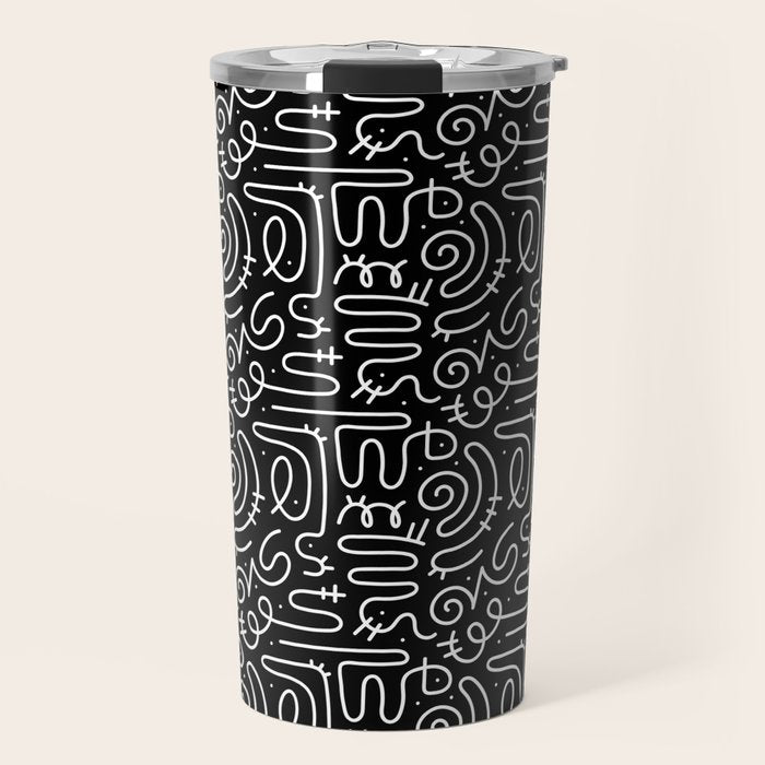 Abstract black and white line doodle pattern Travel Mug Gallery Image 1