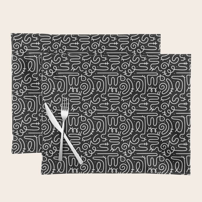 Abstract black and white line doodle pattern Placemat Gallery Image 1