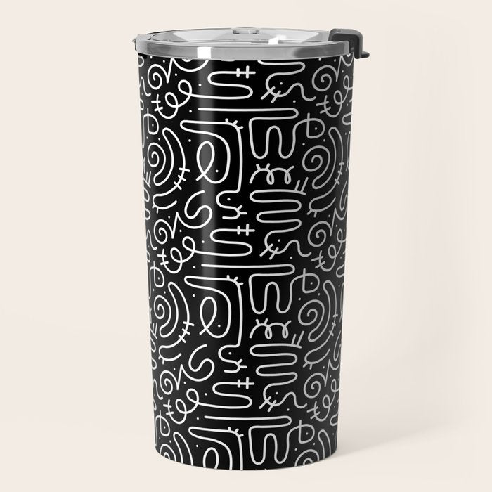Abstract black and white line doodle pattern Travel Mug Gallery Image 2