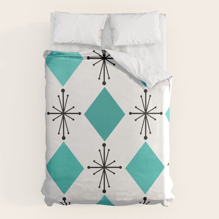 Atomic Age 1950s Diamonds Starbursts Turquoise Duvet Cover Gallery Image 6