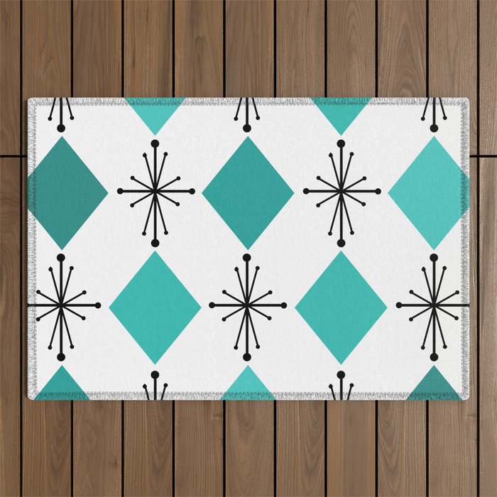 Atomic Age 1950s Diamonds Starbursts Turquoise Outdoor Rug Gallery Image 1