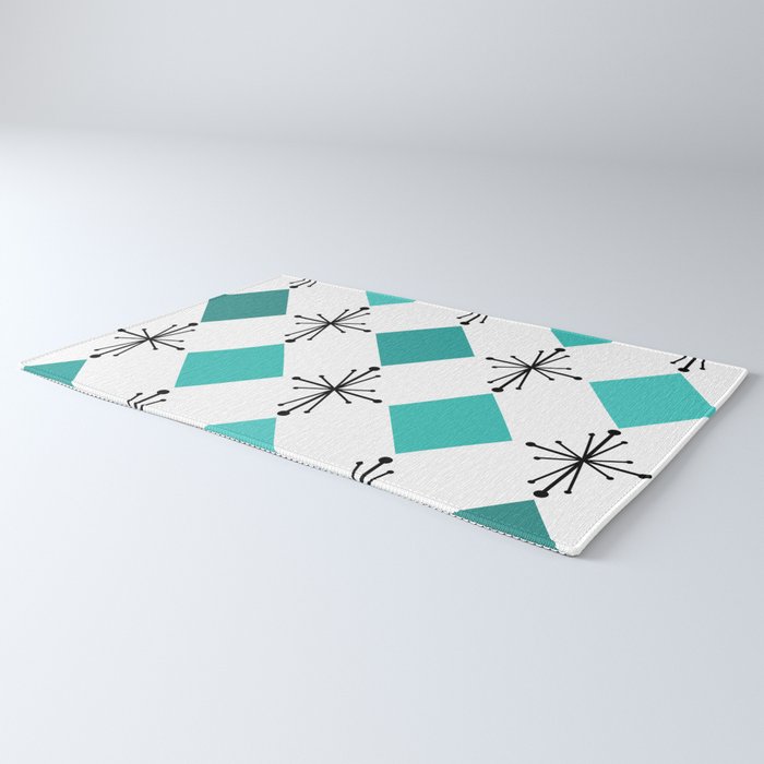 Atomic Age 1950s Diamonds Starbursts Turquoise Rug Gallery Image 3