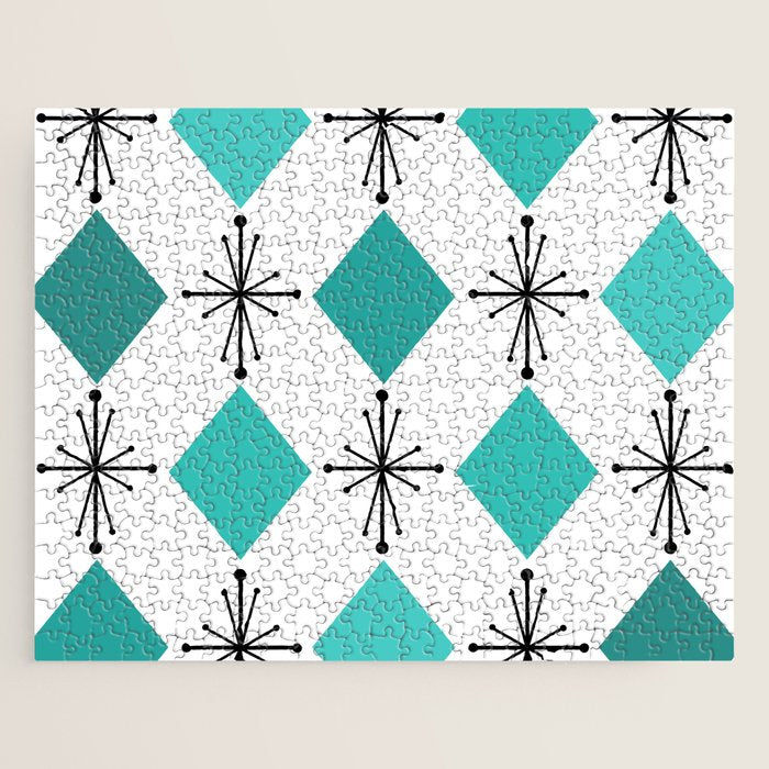 Atomic Age 1950s Diamonds Starbursts Turquoise Jigsaw Puzzle Gallery Image 1