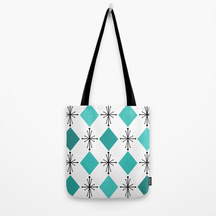 Atomic Age 1950s Diamonds Starbursts Turquoise Tote Bag Gallery Image 2
