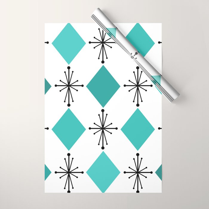 Atomic Age 1950s Diamonds Starbursts Turquoise Wrapping Paper Gallery Image 1