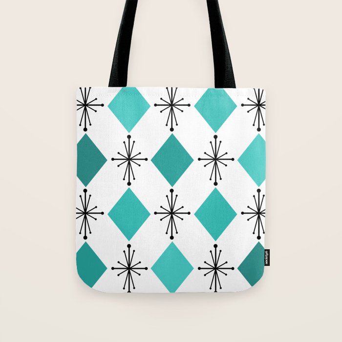 Atomic Age 1950s Diamonds Starbursts Turquoise Tote Bag Gallery Image 1