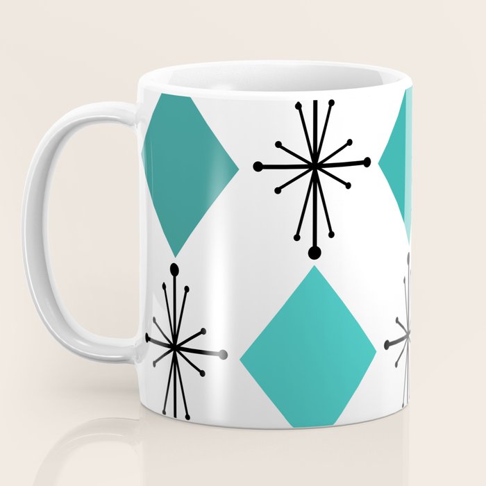 Atomic Age 1950s Diamonds Starbursts Turquoise Coffee Mug Gallery Image 3