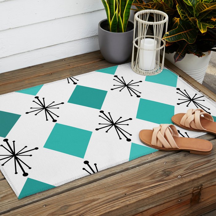 Atomic Age 1950s Diamonds Starbursts Turquoise Outdoor Rug Gallery Image 2