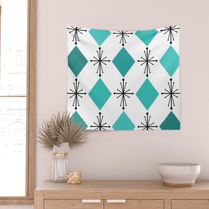 Atomic Age 1950s Diamonds Starbursts Turquoise Wall Tapestry Gallery Image 2