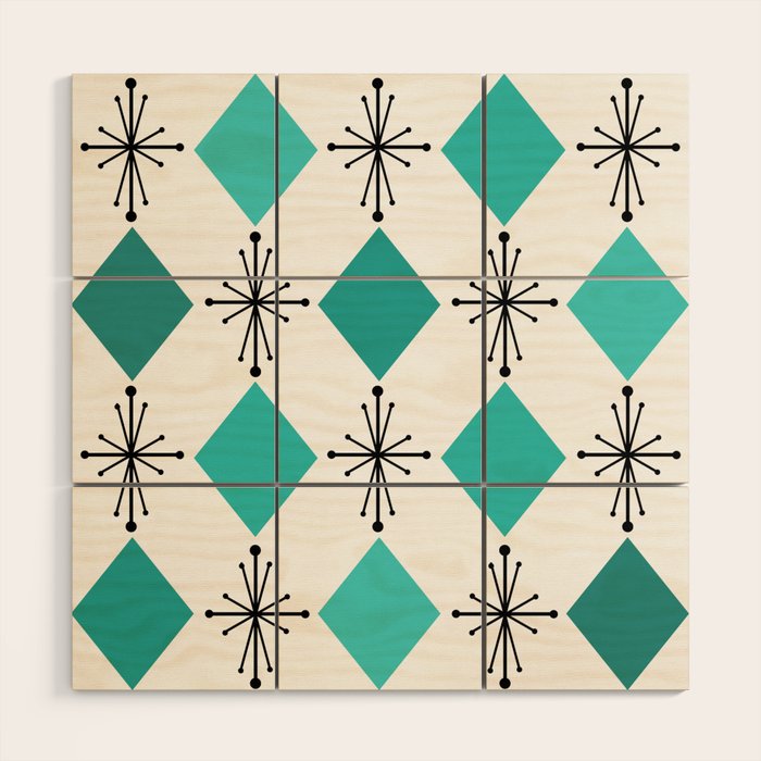 Atomic Age 1950s Diamonds Starbursts Turquoise Wood Wall Art Gallery Image 1