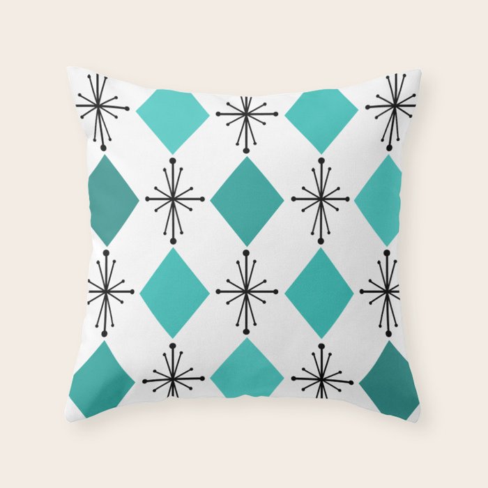Atomic Age 1950s Diamonds Starbursts Turquoise Throw Pillow Gallery Image 6