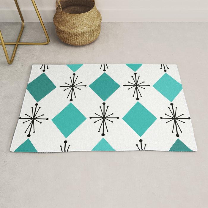 Atomic Age 1950s Diamonds Starbursts Turquoise Rug Gallery Image 1