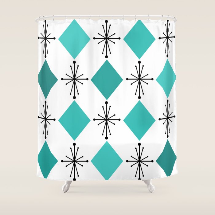 Atomic Age 1950s Diamonds Starbursts Turquoise Shower Curtain Gallery Image 1