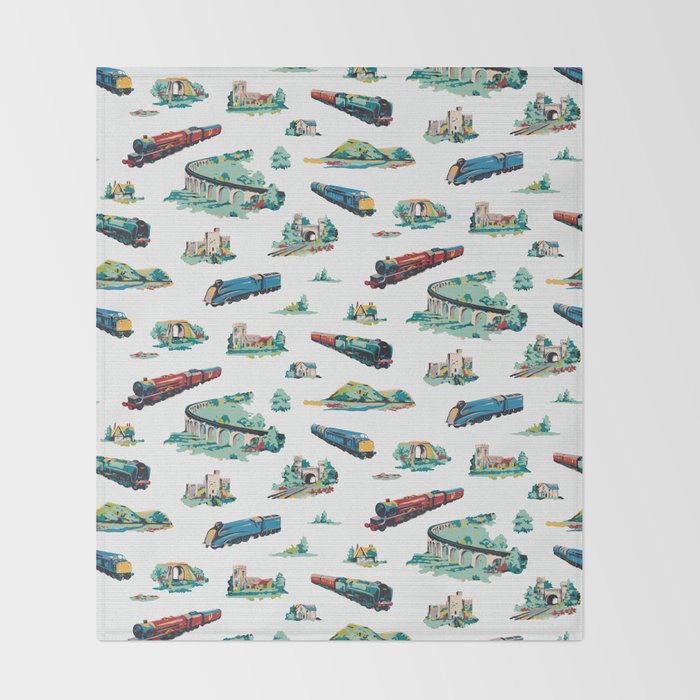 Busy Locomotives - Retro Children's Train Print Throw Blanket Gallery Image 2