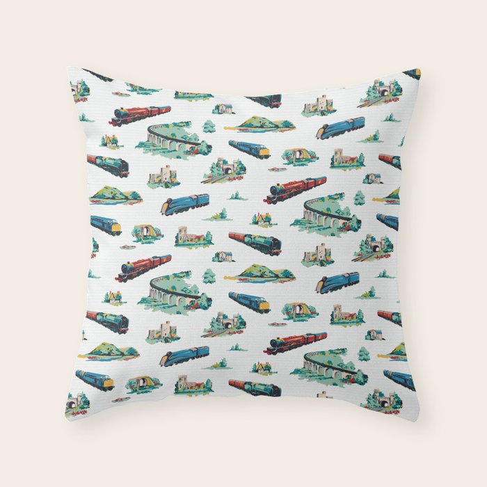 Busy Locomotives - Retro Children's Train Print Throw Pillow Gallery Image 6
