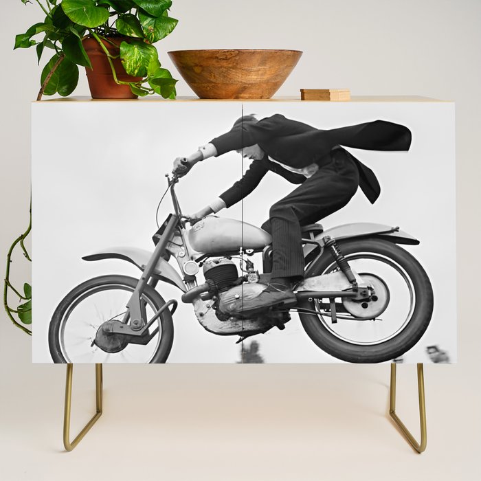 Motorcycle Jumper, Vintage Black and White Old Photo Credenza Gallery Image 1