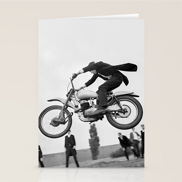 Motorcycle Jumper, Vintage Black and White Old Photo Stationery Card Gallery Image 2