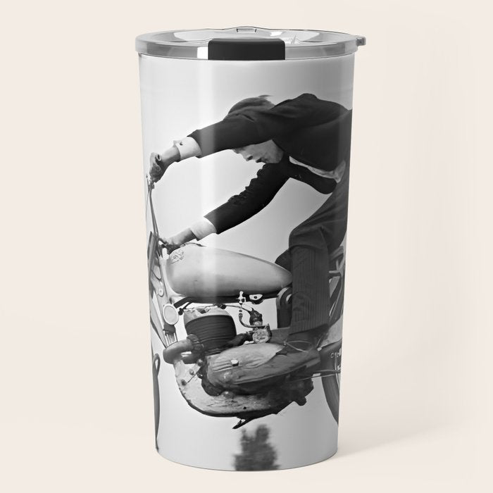 Motorcycle Jumper, Vintage Black and White Old Photo Travel Mug Gallery Image 1