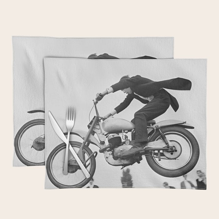 Motorcycle Jumper, Vintage Black and White Old Photo Placemat Gallery Image 1