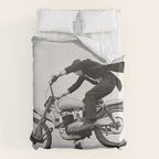 Motorcycle Jumper, Vintage Black and White Old Photo Duvet Cover Gallery Image 6