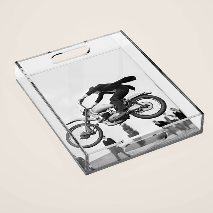 Motorcycle Jumper, Vintage Black and White Old Photo Acrylic Tray Gallery Image 1
