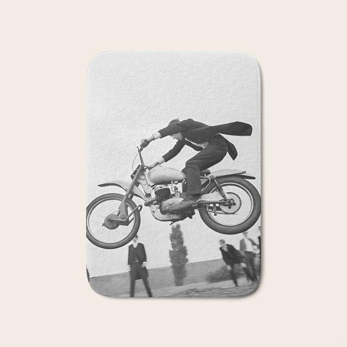 Motorcycle Jumper, Vintage Black and White Old Photo Bath Mat Gallery Image 1