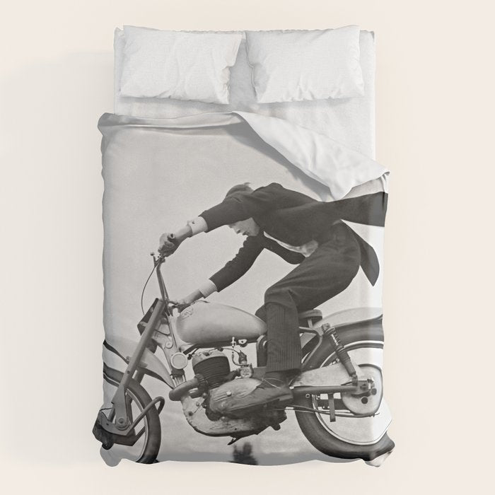 Motorcycle Jumper, Vintage Black and White Old Photo Duvet Cover Gallery Image 1