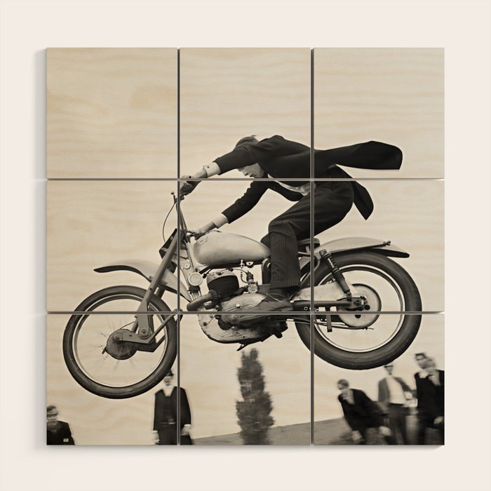 Motorcycle Jumper, Vintage Black and White Old Photo Wood Wall Art Gallery Image 1