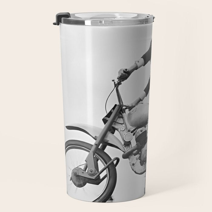 Motorcycle Jumper, Vintage Black and White Old Photo Travel Mug Gallery Image 3