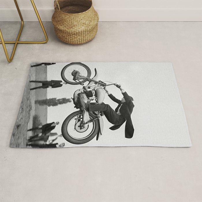 Motorcycle Jumper, Vintage Black and White Old Photo Rug Gallery Image 1