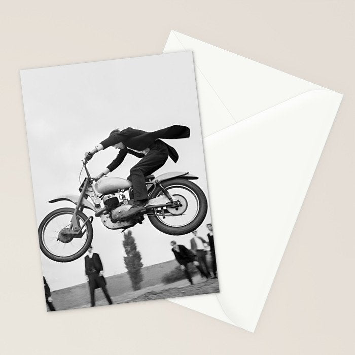 Motorcycle Jumper, Vintage Black and White Old Photo Stationery Card Gallery Image 2