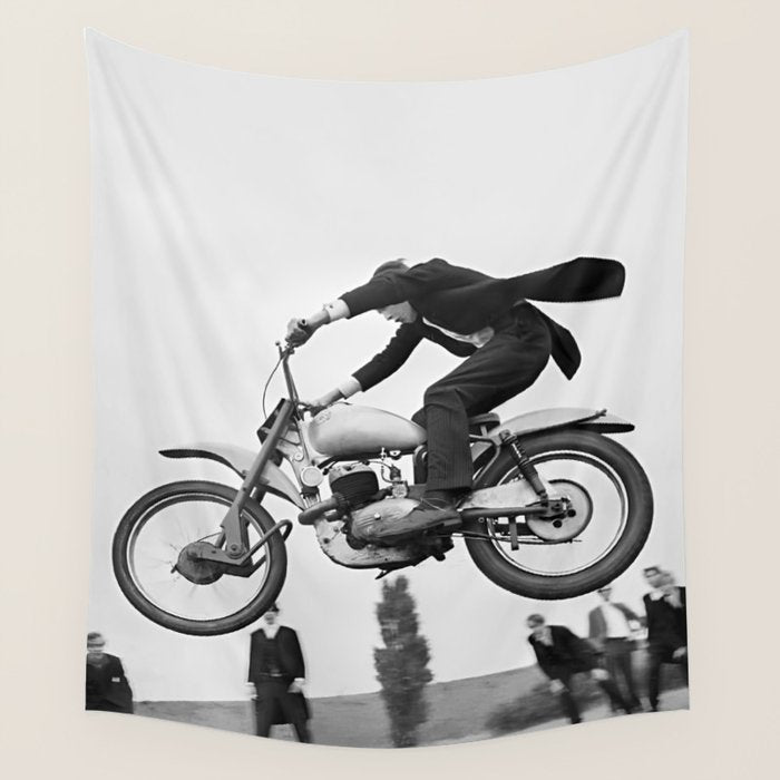 Motorcycle Jumper, Vintage Black and White Old Photo Wall Tapestry Gallery Image 4