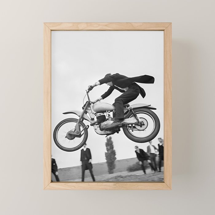 Motorcycle Jumper, Vintage Black and White Old Photo Mini Art Print Gallery Image 1