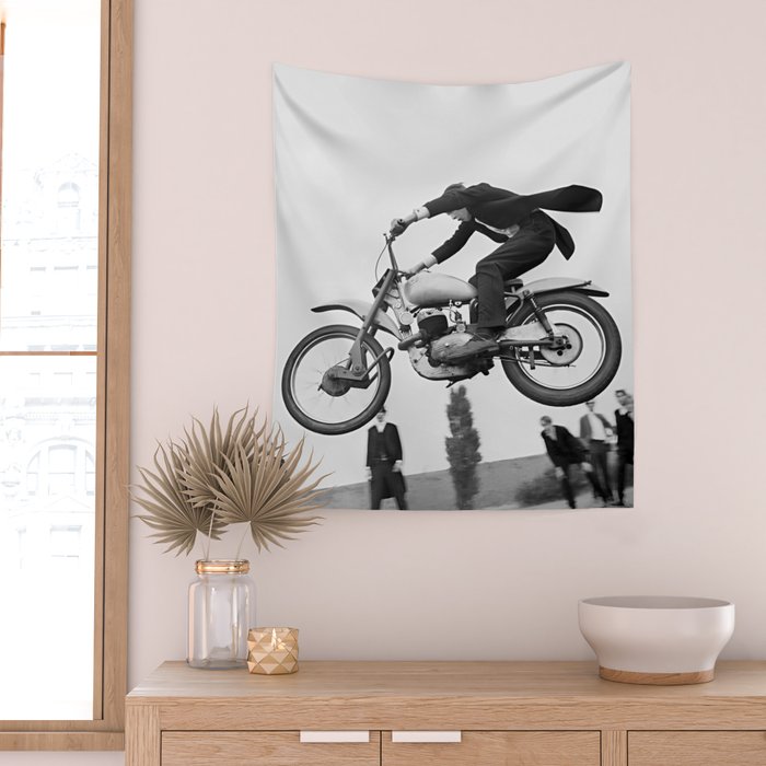 Motorcycle Jumper, Vintage Black and White Old Photo Wall Tapestry Gallery Image 2