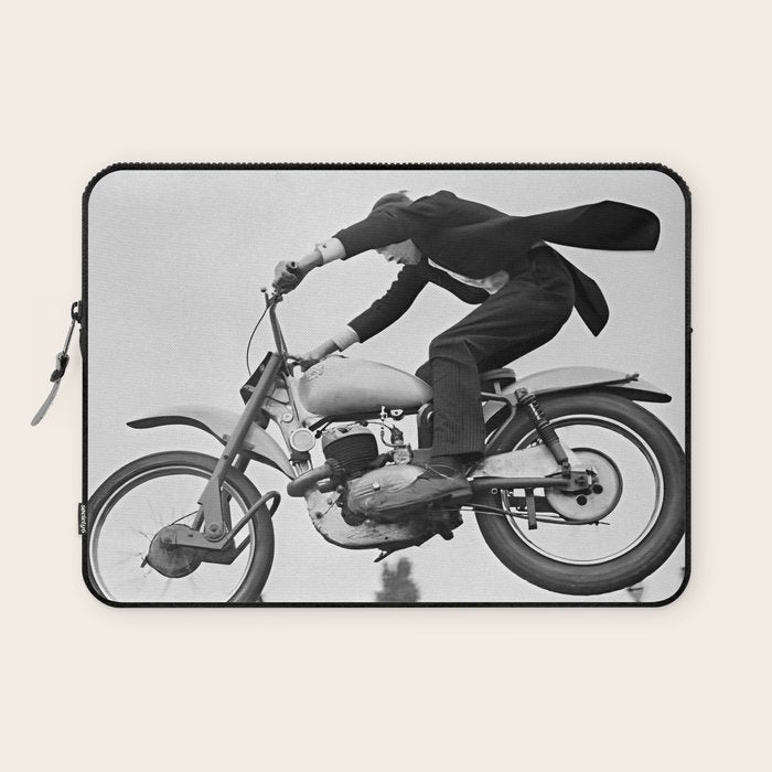 Motorcycle Jumper, Vintage Black and White Old Photo Laptop Sleeve Gallery Image 1