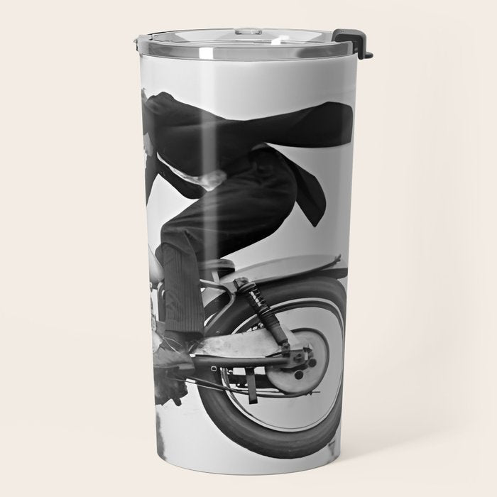 Motorcycle Jumper, Vintage Black and White Old Photo Travel Mug Gallery Image 2