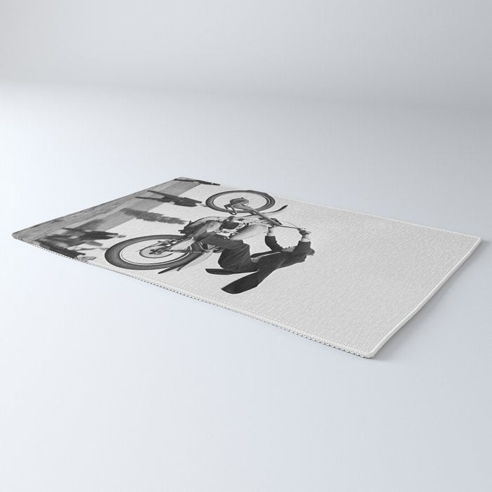 Motorcycle Jumper, Vintage Black and White Old Photo Rug Gallery Image 3