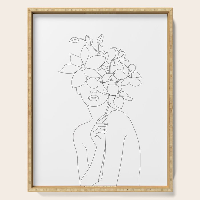Minimal Line Art Woman with Orchids Serving Tray Gallery Image 1