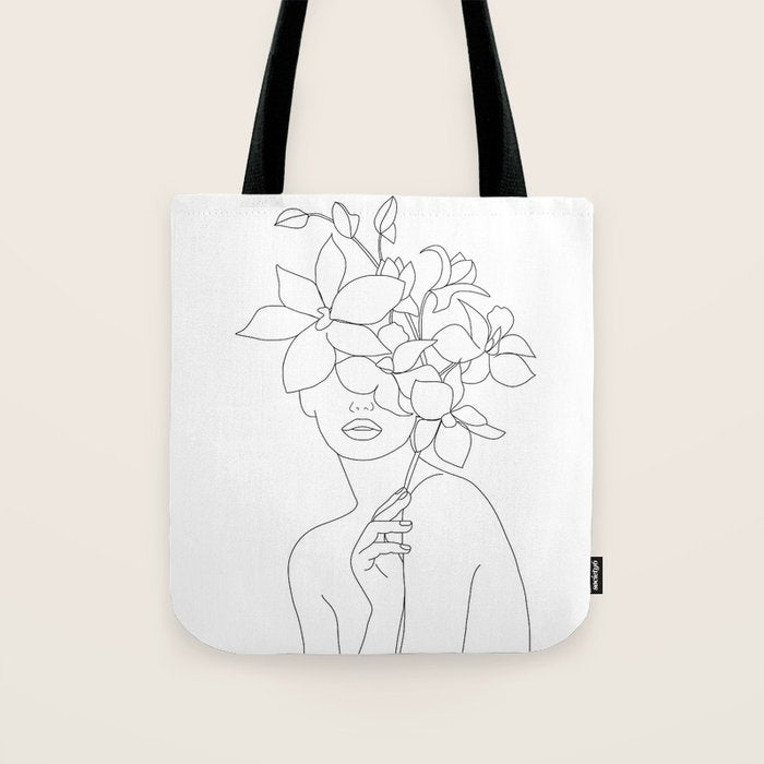 Minimal Line Art Woman with Orchids Tote Bag Gallery Image 1