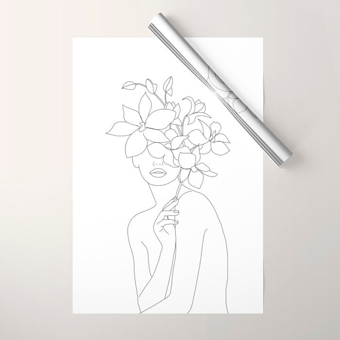 Minimal Line Art Woman with Orchids Wrapping Paper Gallery Image 1