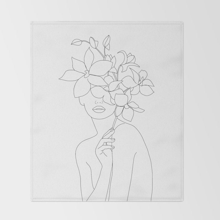 Minimal Line Art Woman with Orchids Throw Blanket Gallery Image 2